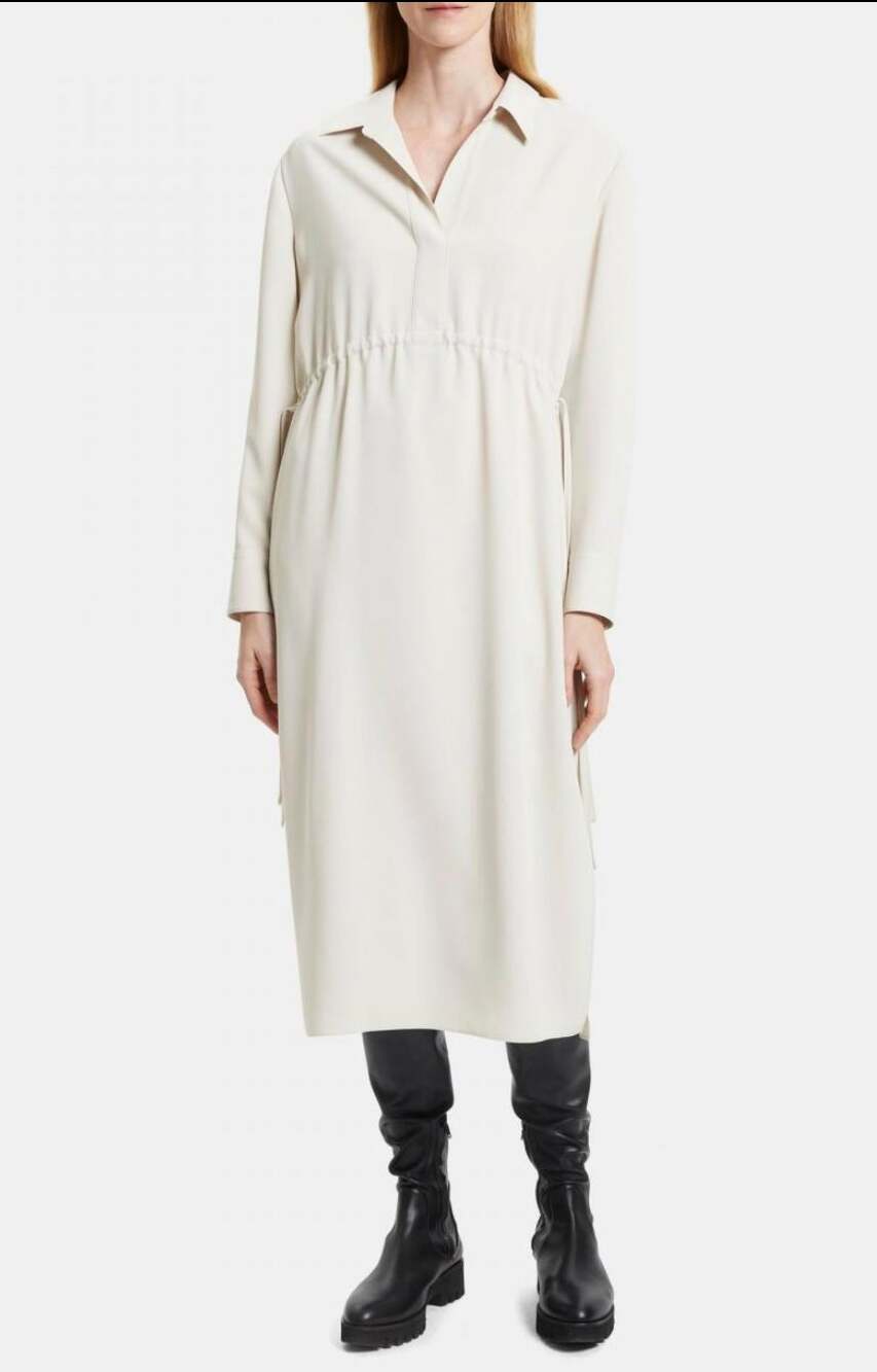 Theory Drawstring Shirt Dress 2 Matte Twill "Wheat" Lagenlook Minimal MSRP $275